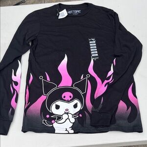 Hot Topic Black and Pink Flame Long Sleeve Tee